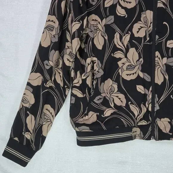Porter & Ash Floral Bomber Jacket Black Tan Hibiscus FullZip Inner Pockets Large - Picture 2 of 14